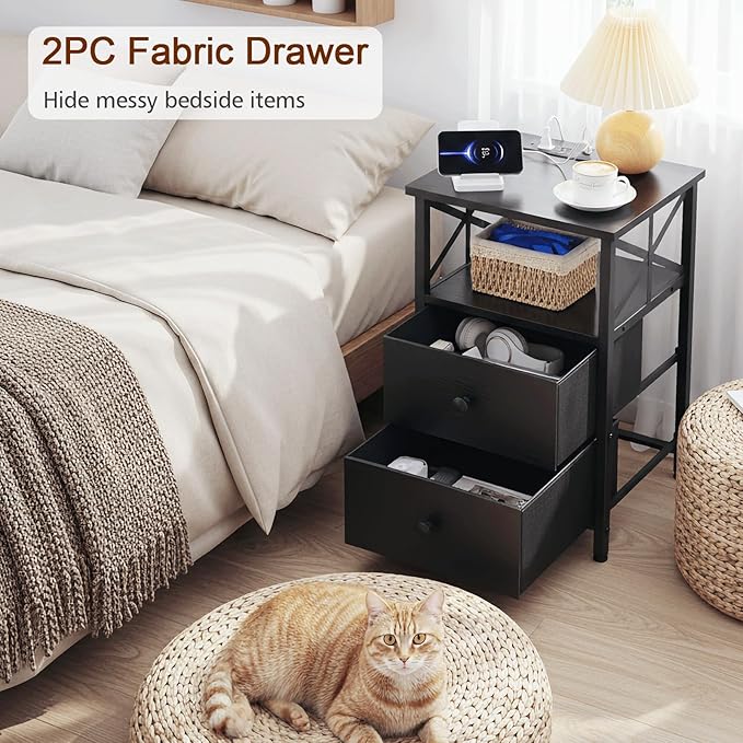 AMHANCIBLE Nightstand with Fast Charging Station, End Table Living Room with USB Charger 3-Port & 2-Power Outlet, Bedside Table with Fabric Drawers for Bedroom HET052LBK1