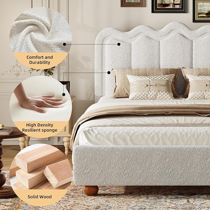 Full Size Bed Frame with Headboard, Boucle Bed Frame, Soft Upholstered Platform Cloud Bedframe with Footboard, Solid Wood Legs, Solid Wooden Slats Support, No Box Spring Required, Easy Assembly, Grey