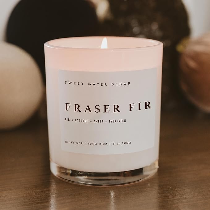 Sweet Water Decor Fraser Fir Candle - Evergreen, Fir, Cedar, and Cypress Winter Holiday Scented Soy Christmas Candles for Home - 11oz White Jar, 50+ Hour Burn Time, Made in The USA