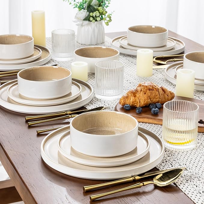 AmorArc Ceramic Dinnerware Sets, Handmade Reactive Glaze Stoneware Plates and Bowls Sets,Highly Chip and Crack Resistant | Dishwasher & Microwave Safe Dishes Set, Service for 8 (24pc)