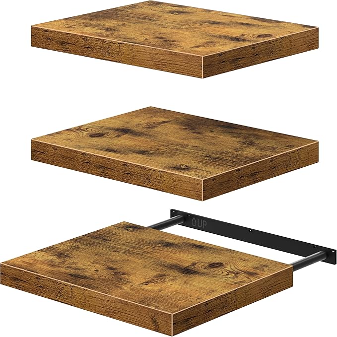 QEEIG 12" Deep Floating Shelves for Wall - 12 x 16 inch Book Shelf Bathroom Bedroom Kitchen Living Room Hanging Bookshelf Farmhouse Set of 3, Brown (026-40BN3)