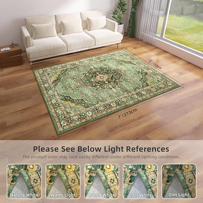 Green Rugs for Bedroom Area Rugs 5x7 Washable Rugs Boho Vintage Oriental Large Foldable Faux Wool Carpet for Living Room Nursery Room Dorm Kids Playroom Home Office