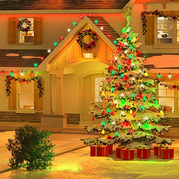 C7 LED Red White and Green Christmas Lights,25ft Vintage Ceramic Christmas String Light with 27 Multicolor LED Bulbs(2 Spare),Outdoor Hanging Lights for Garden House Xmas Garland Tree Decor