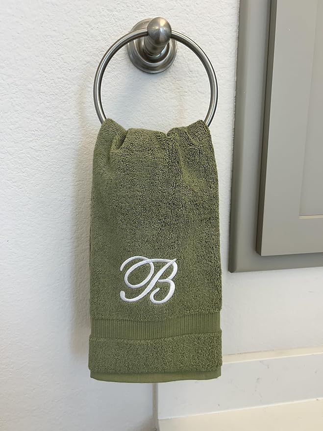 Sage Monogrammed Hand Towels for Bathroom - Luxury Hotel Quality Personalized Initial Embroidered Towel for Powder Room, Spa - GOTS Organic Certified - Set of 2 White Letter J