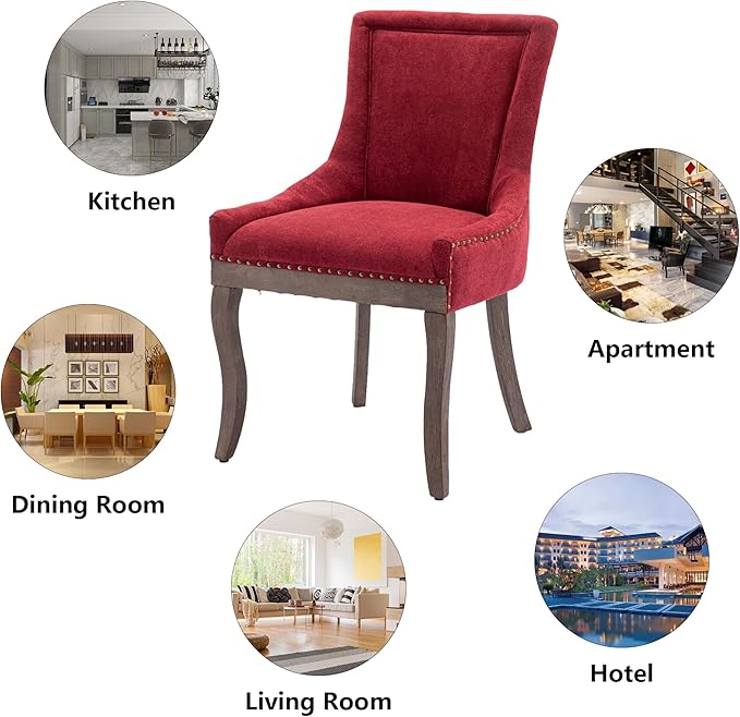 Farmhouse Dining Chairs Set of 4, Upholstered Fabric Dining Room Accent Chairs with Wood Legs & Bronze Nailhead, High Wingback Kitchen Chairs for Living Room Hotel Apartment, Burgundy