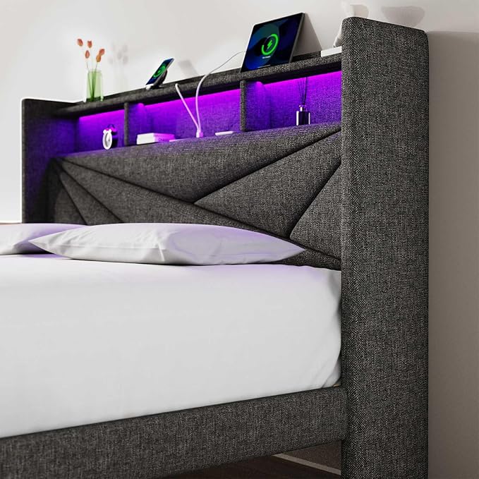 LED Queen Bed Frame with 2 Storage Drawers, Upholstered Bed Frame Queen Size with Headboard and Charging Station, No Box Spring Needed, Easy to Assembly-Dark Grey