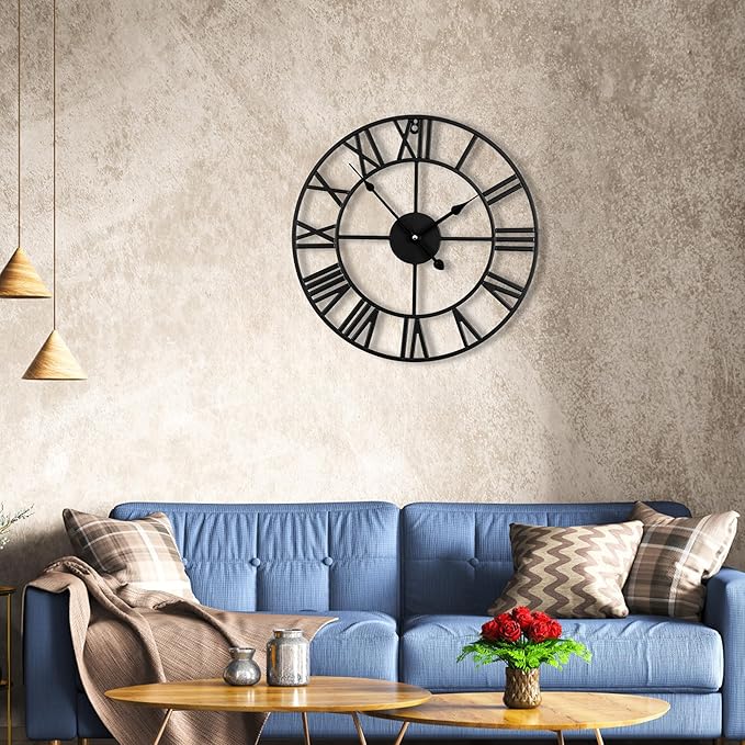 16inch/40cm Wall Clocks Battery Operated,Wall Clocks for Living Room Decor, Bedroom,Office,Bathroom,Silent,Large Wall Clock for Home and Kitchen,Farmhouse (Iron Roman Numerals, 16 inches)
