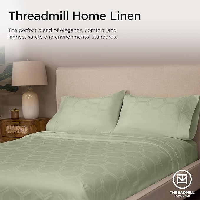 Threadmill 100% Cotton Sheets for King Size Bed - 600 Thread Count King Bed Sheets Set with 16” Deep Pocket - Jacquard Sateen Weave 4-Piece Bedding Set with Cooling Effect, Sage Green