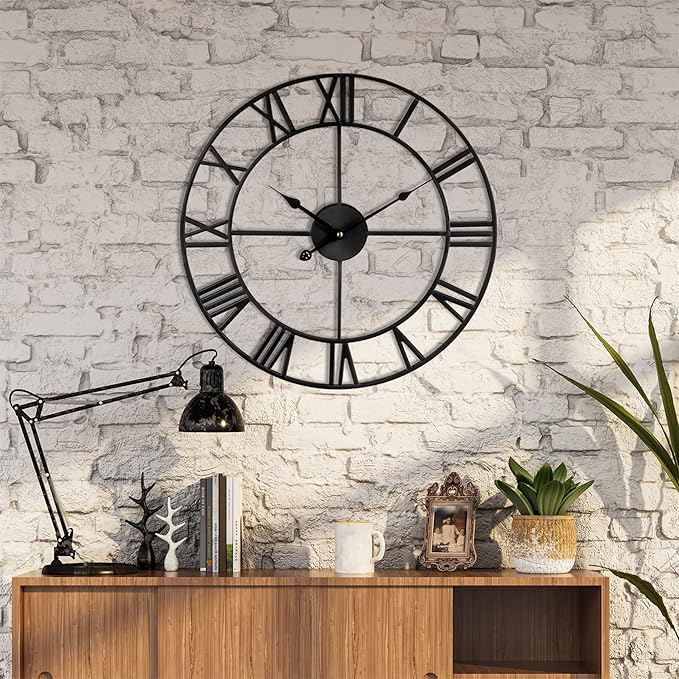 1st owned Large Wall Clock, Metal Retro Roman Numeral Clock, Modern Round Silent Wall Clocks, Easy to Read for Living Room/Home/Kitchen/Bedroom/Office/School Decor (Black, 18.5 Inch)