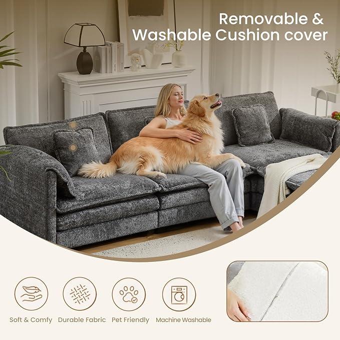 112" U Shaped Modular Sectional Sofa, 3 Seater Comfy Cloud Couch with Movable Ottoman, Deep Seat Couches for Living Room, Bedroom, Apartment (Grey)