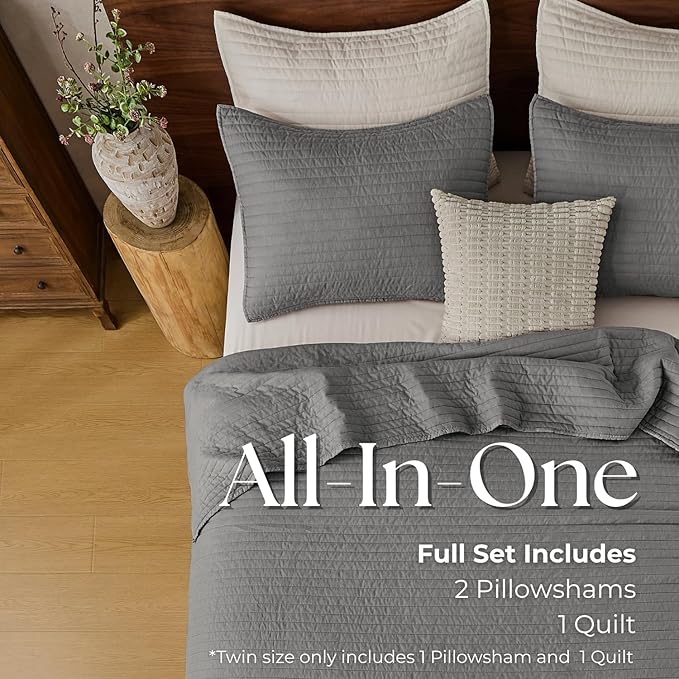 DOWN HOME Twin Quilt Bedding Set with Sham, Vintage Washed Soft Quilted Blanket Thin Comforter Lightweight Bedspread Coverlet Bed Cover, Brushed Microfiber Stripe Stitching, Ash Gray, 66"x92"