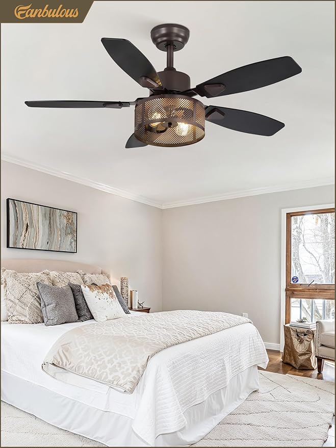Farmhouse Oil Bronze Ceiling Fans with Lights and Remote, 42 Inch Bedroom Caged Ceiling Fans for Living Room Kitchen,6 Speed Reversible Quiet DC Motor, Dual Finish 5 Blades