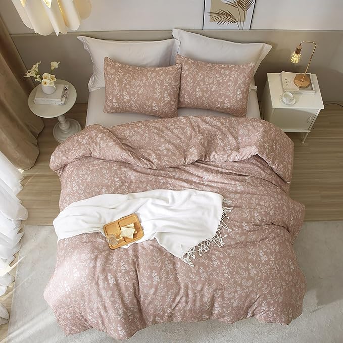 EAVD Vintage Garden Floral Comforter Set Full Grayish Pinkish Soft Microfiber Chic Cute Floral Bedding Comforter and 2 Pillowcases Fresh Reversible Botanical Comforter Set for All-Season