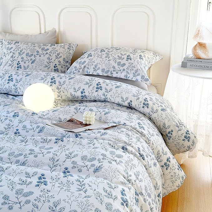 EAVD Blue Floral Comforter Set Twin/Twin XL White Soft Microfiber 3-Pieces Boho Botanical Flower Bedding Comforter Set for Girls with 2 Pillowcases Cute Fresh Botanical Bedding Set for All-Season