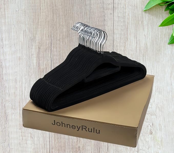 Velvet Non-Slip Black Hangers - Space-Saving Heavy-Duty Suit Hangers with 360° Swivel Hook - 20 Pack