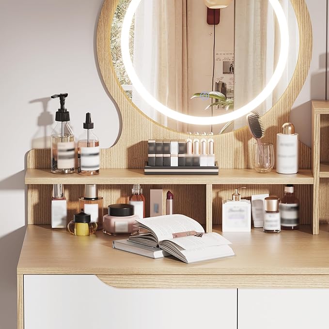 Ball & Cast 31.5" Vanity Desk with 3 Adjustable Lighted Mirror and Solid Wood Table Feet,MakeupDressing Table Set w/ 4 Drawers & 3 Open Shelves, for Small Space Bedroom Office,Nature