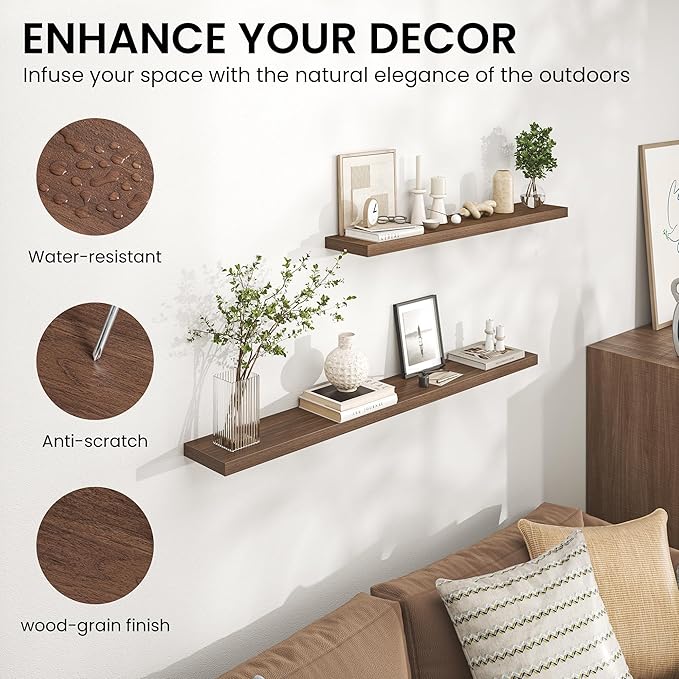 Heimlove 36 Inch Floating Shelves for Wall,Mounted Storage & Display Shelves for Bedroom,Living Room,Kitchen,Office,Set of 2,Walnut Color