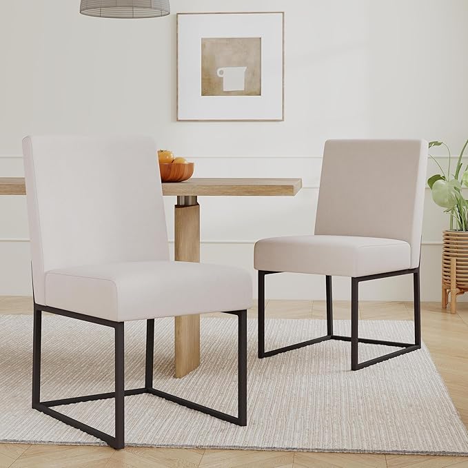 VKNOW Upholstered Dining Chairs Set of 6, Modern Dining Room Chairs, Linen Kitchen Chair Dinner Chair with Black Metal Base for Kitchen Office, Beige-Unstriped