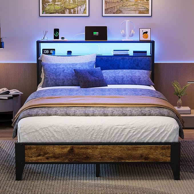 OLEVS Full Bed Frame with Headboard, Metal Platform Bed Full Size with 2-Tier Storage, LED Light & Charging Station Type C, No Box Spring Needed