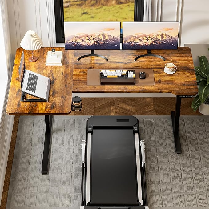 59 Inch L Shaped Standing Desk Adjustable Height, Electric Corner Standing Desk, Sit Stand Computer Table with Reversible Splice Board, Rustic Brown