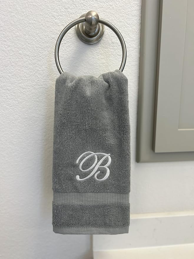 Gray Monogrammed Hand Towels for Bathroom - Luxury Hotel Quality Personalized Initial Embroidered Towel for Powder Room, Spa - GOTS Organic Certified - Set of 2 Silver Letter D