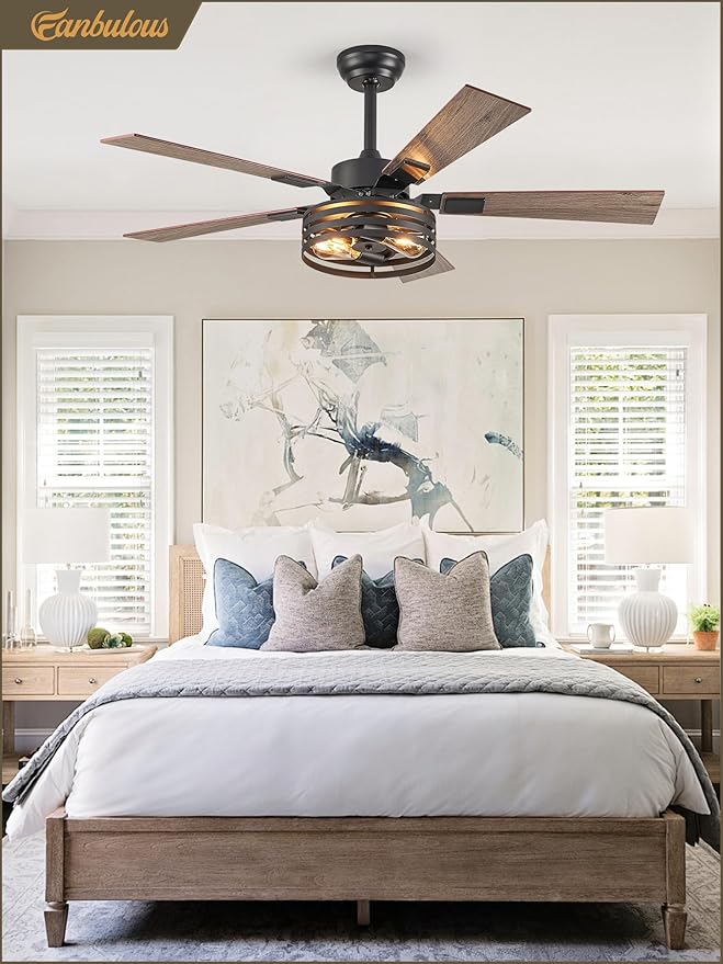 Fanbulous Farmhouse Caged Ceiling Fans with Lights and Remote, 48 Inch Black Bedroom Ceiling Fans for Living Room Kitchen,6 Speed Reversible Quiet DC Motor, Dual Finish 5 Blades