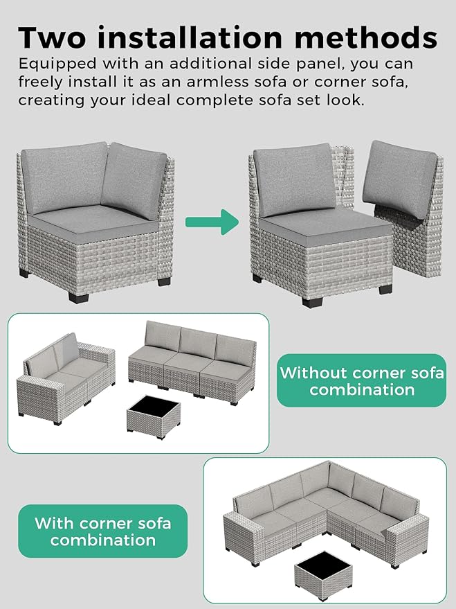 6 Piece Outdoor Wicker Rattan Sectional Sofa Set, 5-Seats Patio Furniture Conversation Set with 4" Thickened Cushions & Coffee Table, All-Weather PE Rattan for Garden, Backyard, Porch, Grey