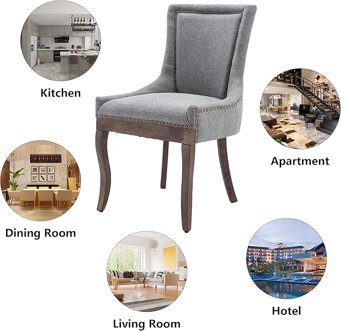 Farmhouse Dining Chairs Set of 6, Upholstered Fabric Dining Room Accent Chairs with Wood Legs & Bronze Nailhead, High Wingback Kitchen Chairs for Living Room Hotel Apartment, Gray