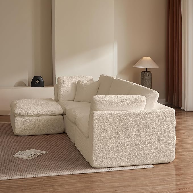 Cilee 110" Modular Sectional Sofa, Cloud Couch with Deep Seat, L-Shape Boneless Sofa, 3 Seat Memory Foam Sofa, No Assembly Required, Upholstered Couch for Living Room, Movable Ottoman, Chenille, Beige