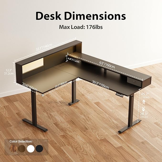 Agilestic L-Shaped Electric Standing Desk, 63x55 Inch Ergonomic Adjustable Height Desk with Storage, Stand Up Corner Desk Sit Stand Computer Table Power Outlet & LED Lights, Office Table, Black