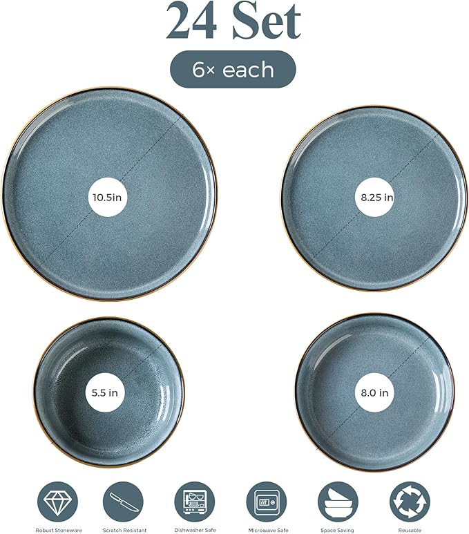 GBHOME 24 Pieces Double Bowls Ceramic Dinnerware Sets for 6, Stoneware Plates and Bowls Set with Reactive Glaze, Scratch Resistant Stoneware Dishes Set, Dishwasher & Microwave Safe