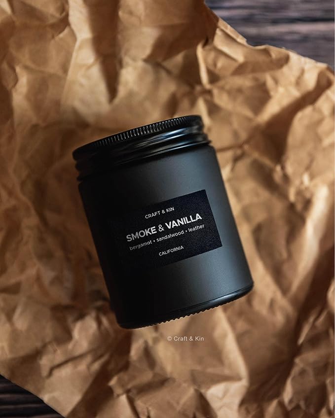 Craft & Kin Premium Smoke & Vanilla Candle | Black Christmas Scented Candles for Men | Long Lasting with 45 Hour Burn Time, 7.6oz | Soy Holiday Candle | Aromatherapy at Home | Gifts for Men