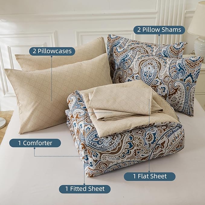Drucon Brown Paisley Comforter Set Full, 7 Pieces Bed in a Bag Brown Paisley Pattern Comforter Soft Microfiber Bedding Set Full Size with Sheet and Pillowcases for Men Women