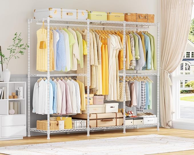 E14 Heavy Duty Clothes Rack,Freestanding Clothing Racks for Hanging Clothes,Adjustable Closet Organizers and Storage,Metal Garment Rack with Shelves 69" W x16 D x77 H,Max Load 960LBS,White