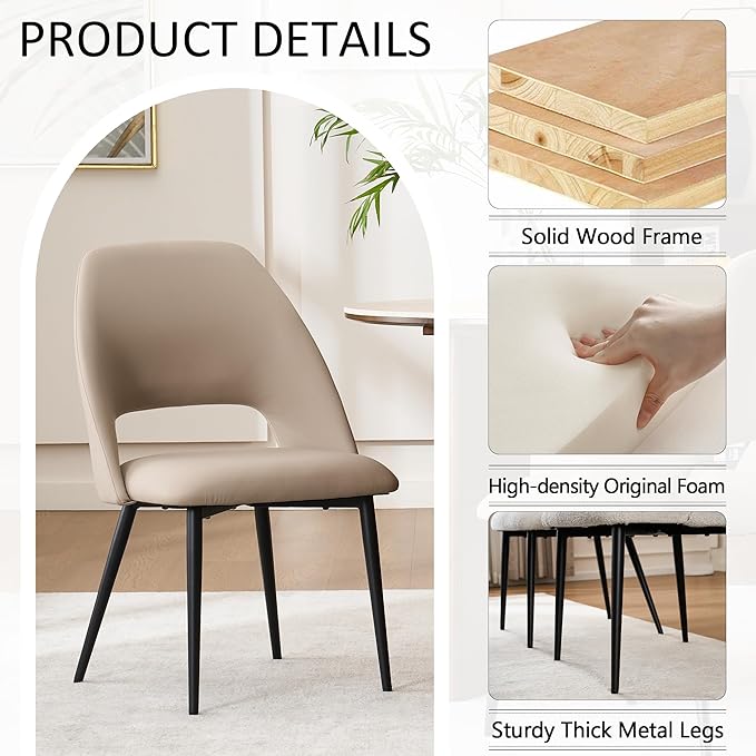 Rowill Dining Chairs Set of 2 Upholstered Dining Room Chairs Mid Century Modern Dining Chairs Faux Leather Kitchen Chairs Accent Chair with Metal Legs for Living Room Bedroom, Khaki
