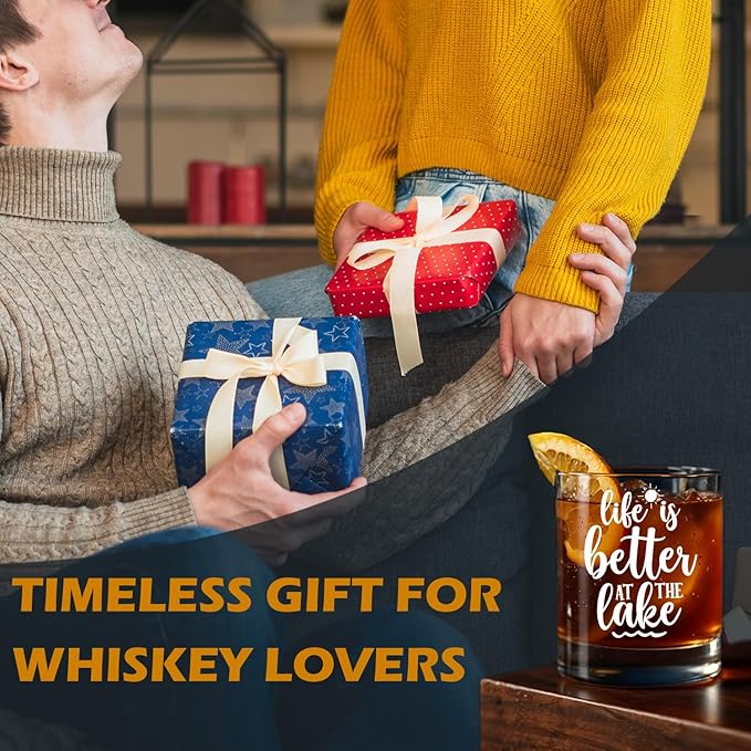 Lake Life Gifts Old Fashioned Whiskey Glasses, Gifts for Lake Lovers, Life is Better at the Lakes 10 oz Rocks Barware Cup for Cocktail Drinks Scotch Bourbon Liquor