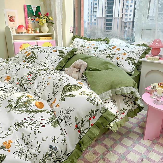 Vintage Green Floral Duvet Cover King 100% Cotton Ruffle Duvet Cover Aesthetic Flower Comforter Cover Green Ruffle Bedding Cottagecore Comforter Cover Boho Farmhouse Duvet Cover with Zipper Closure