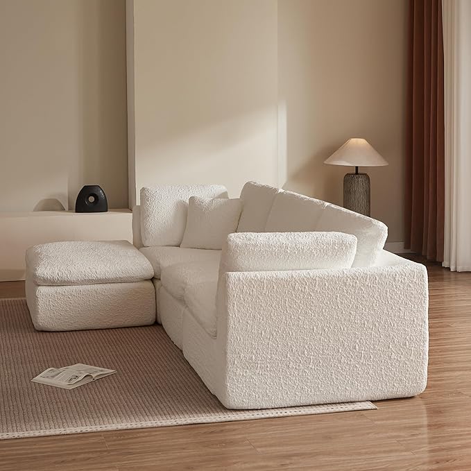 Cilee 110" Modular Sectional Sofa, Cloud Couch with Deep Seat, L-Shape Boneless Sofa, 3 Seat Memory Foam Sofa, No Assembly Required, Upholstered Couch for Living Room, Movable Ottoman, Chenille, White