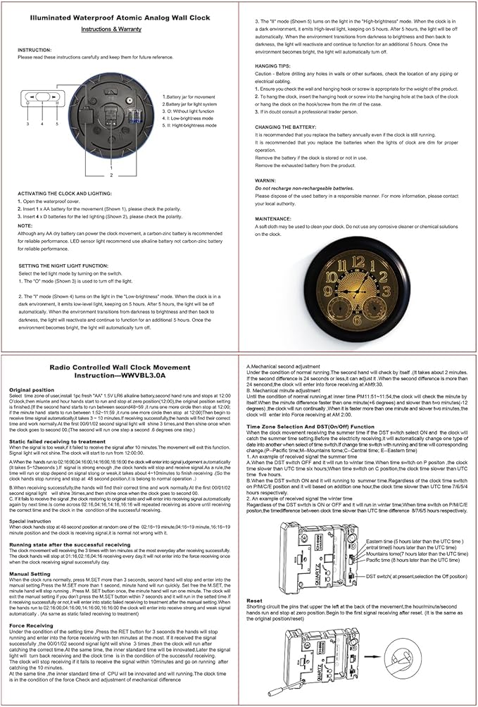 18 Inch Illuminated Retro Indoor Outdoor Wall Clocks with Thermometer and Hygrometer Waterproof Metal Large Clocks with Auto Light Smart Sensor for House Warming Gifts New Home Living Room Decor