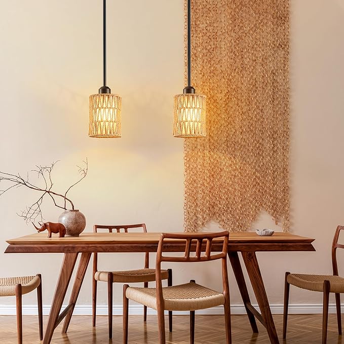 Pendant Lights for Kitchen Island, 3-in-1 Upgrade Larger Rattan Hanging Light Shade with Linen Shade, Adjustable Height Boho Hanging Lamp Fixture for Dining Room, Farmhouse, Bedroom (2 Pack)
