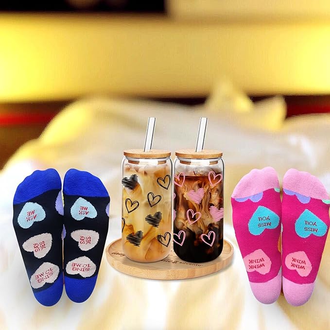 Valentine Glass Cups with Socks, Valentine Gifts For Him/Her, 18 OZ Hearts Glass Cups Gifts,Warm Socks for Women Men, Couple Iced Coffee Cups,Glass Cups with Lids and Straws - 2 Sets