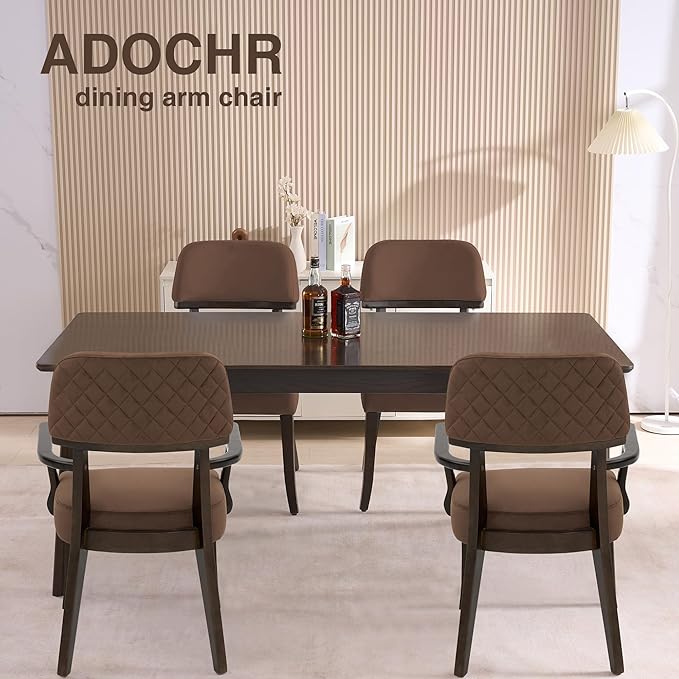 Modern Wood Dining Chairs with Arms Set of 2, Velvet Upholstered Kitchen Chairs with Open Curved Backrest & Black Hardwood Legs, Accent Chairs 350 LBS Capacity, Brown