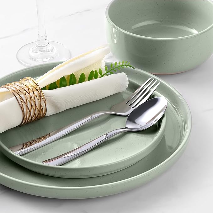 LIANYU Plates and Bowls Sets for 8, 24 Piece China Dinnerware Stoneware Set, Porcelain Dishware for Microwave, Dishwasher, Oven, High temperature Resistant, Fog Green