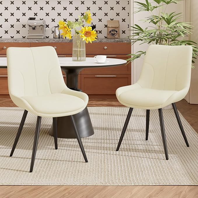 Upholstered Dining Chairs Set of 4, Modern Faux Leather Dining Room Chairs with Thick Cushion and Metal Legs, Kitchen Chairs with Back for Dining Room, Cream
