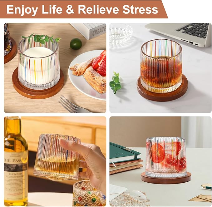 Rotatable Old Fashioned Glass Cup, 10oz/275ml Crystal Whiskey Glass, Wood Coaster, Thickening, Used as Rum Glass, Cocktail Cup, Coffee, Milk to Relax and Reduce Stress, Ideal Gift, Christmas gifts