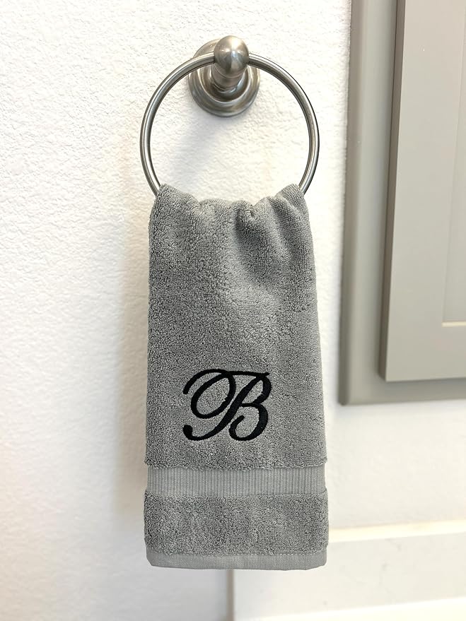 Gray Monogrammed Hand Towels for Bathroom - Luxury Hotel Quality Personalized Initial Embroidered Towel for Powder Room, Spa - GOTS Organic Certified - Set of 2 Black Letter T