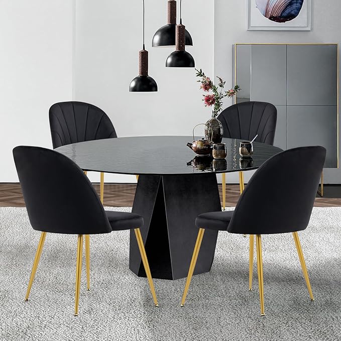 Velvet Dining Chairs Set of 6, Upholstered Mid Century Modern Dining Room Chairs, Armless Accent Chair with Metal Gold Legs for Living Room, Kitchen, Dining, Black