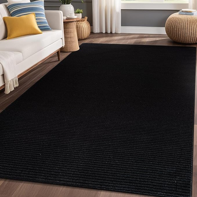 Non Slip Black Solid Rubber Back Thing Rug for Living Room 6x9 Area Rugs for Kitchen, Rugs for Bedroom, Stain Resistant Easy Cleaning Non Shedding Carpet Black 6 x 9