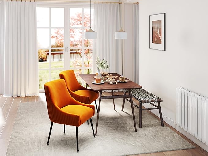 Velvet Dining Chairs Set of 4,Orange Upholstered Living Room Chairs with Black Metal Legs, Modern Tufted Accent Chairs for Living Room, Study Room, Kitchen