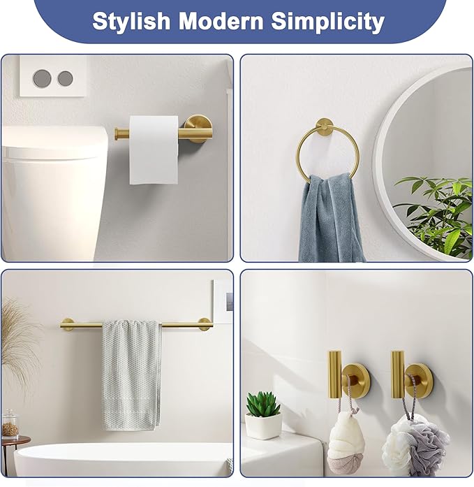 Brushed Gold Bathroom Hardware Set, 18 Inch SUS304 Stainless Steel Bath Towel Bar Set, Bathroom Accessories Set, Towel Rack, Towel Ring, Toilet Paper Holder, Robe Towel Hooks, 5-Pieces